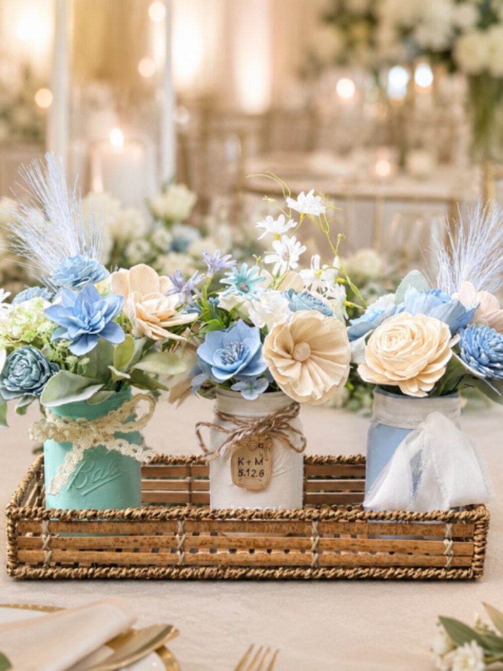 Sola Wood Dusty Blue Wedding Floral Table Centerpieces Set of 3 Mason Jar Decor
